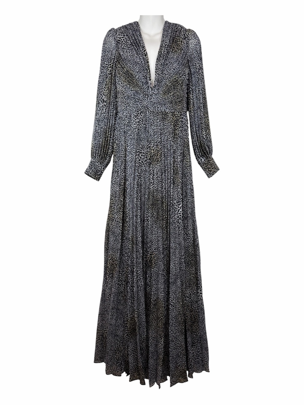 Badgley Mischka Shirred Leopard Pleated Chiffon Gown Formal Deep V-Neck Dress 4
